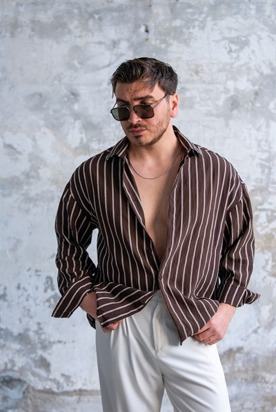 Çizgili Oversize Gömlek Kahve