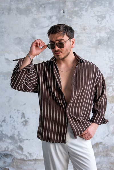 Çizgili Oversize Gömlek Kahve