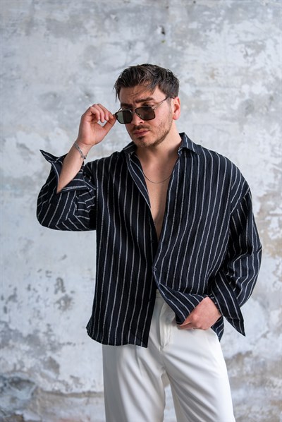Çizgili Oversize Gömlek Siyah