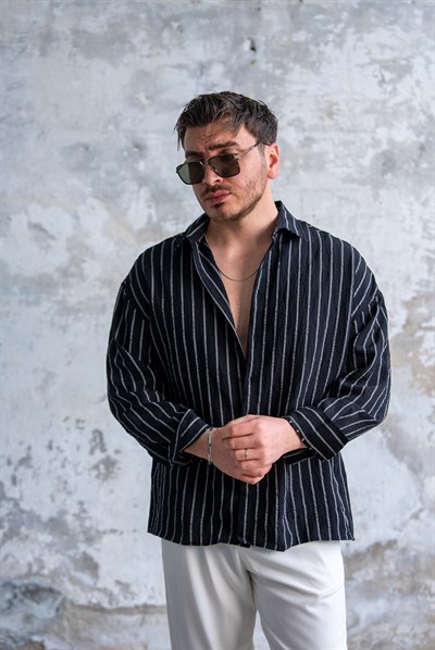 Çizgili Oversize Gömlek Siyah