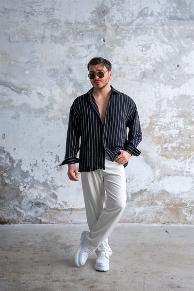 Çizgili Oversize Gömlek Siyah