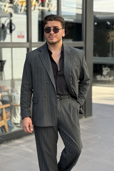 Çizgili Oversize Takım Elbise Antrasit