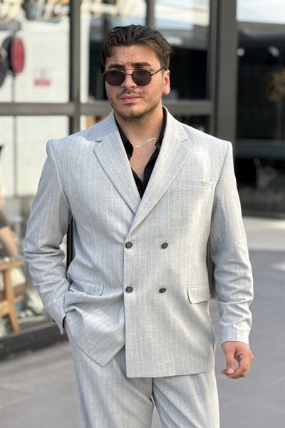 Çizgili Oversize Takım Elbise Gri