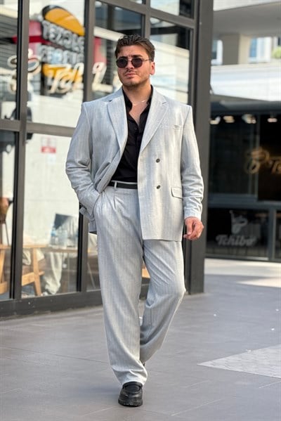 Çizgili Oversize Takım Elbise Gri
