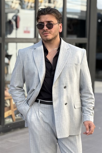 Çizgili Oversize Takım Elbise Gri