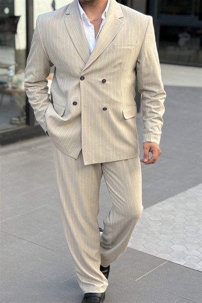 Çizgili Oversize Takım Elbise Krem