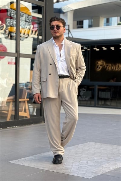 Çizgili Oversize Takım Elbise Krem