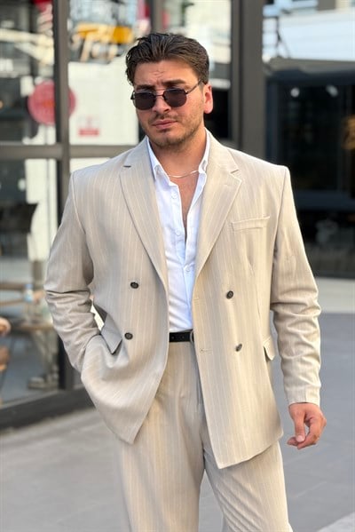 Çizgili Oversize Takım Elbise Krem