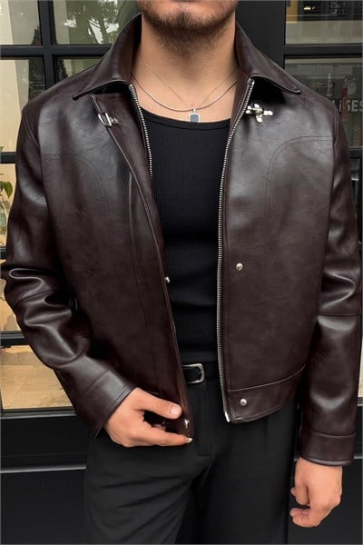 Deri Aksesuarlı Crop Kesim Ceket Kahve