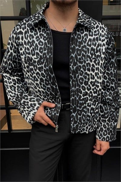 Desenli Fermuarlı Oversize Hafif Crop Ceket Beyaz-Siyah