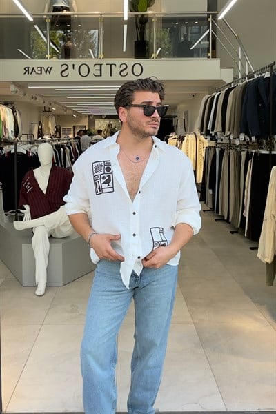 Desenli Oversize Müslin Gömlek Beyaz