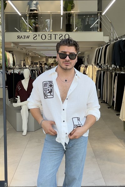 Desenli Oversize Müslin Gömlek Beyaz