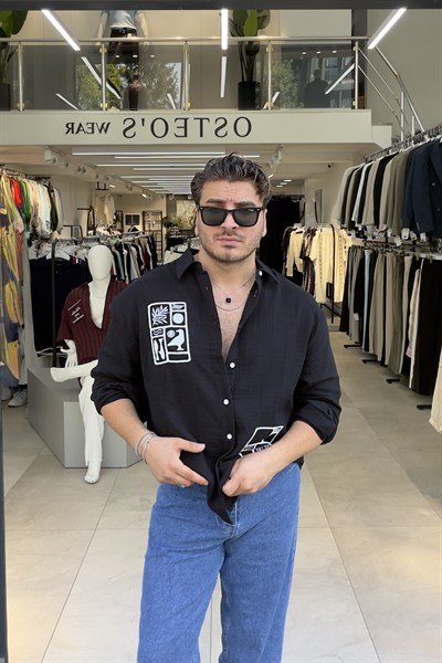 Desenli Oversize Müslin Gömlek Siyah