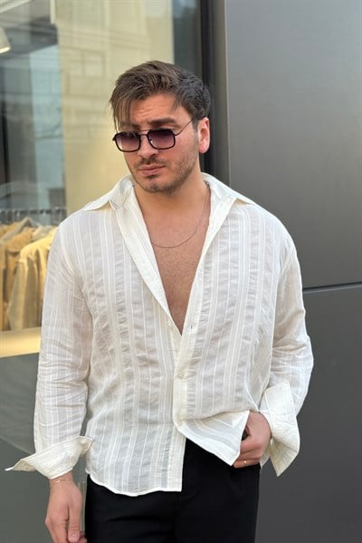 Dökümlü Şeritli Oversize Gömlek Beyaz