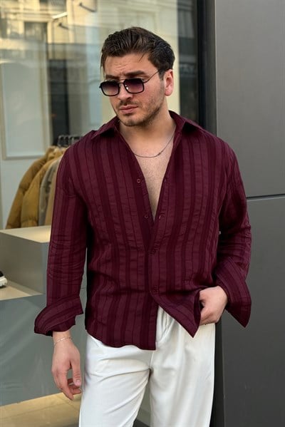 Dökümlü Şeritli Oversize Gömlek Bordo