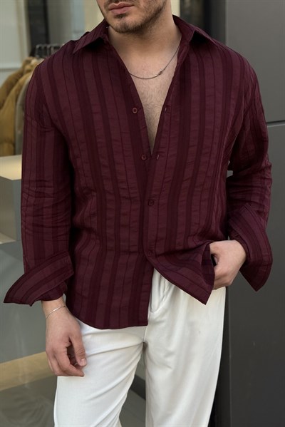 Dökümlü Şeritli Oversize Gömlek Bordo