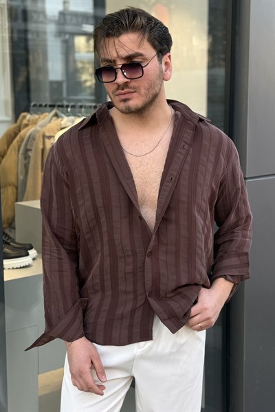 Dökümlü Şeritli Oversize Gömlek Kahve