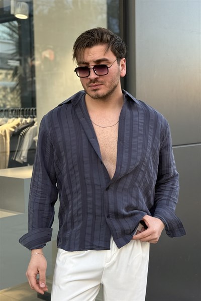 Dökümlü Şeritli Oversize Gömlek Lacivert