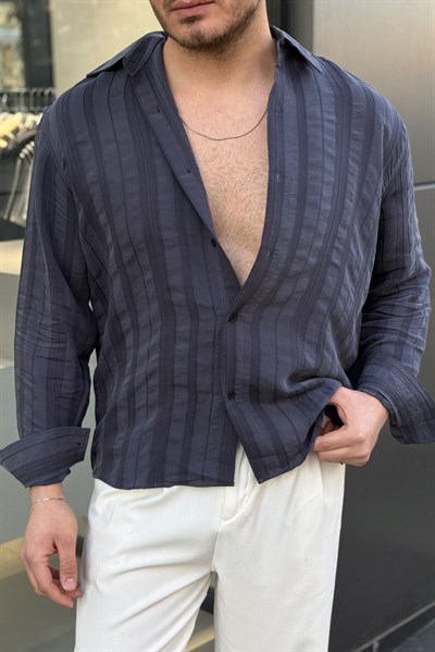 Dökümlü Şeritli Oversize Gömlek Lacivert