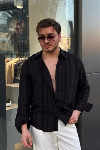 Dökümlü Şeritli Oversize Gömlek Siyah