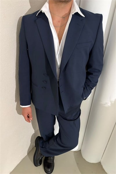 Düğme Detay Oversize Kruvaze Takım Lacivert