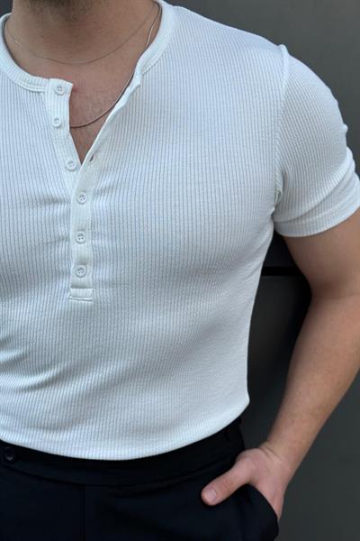 Düğmeli Hakim Yaka Likralı Tshirt Beyaz