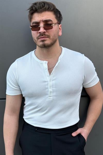 Düğmeli Hakim Yaka Likralı Tshirt Beyaz