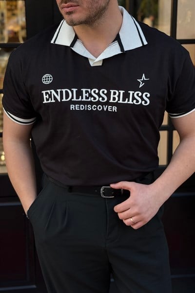 ENDLESS Baskılı Polo Yaka Tshirt Siyah