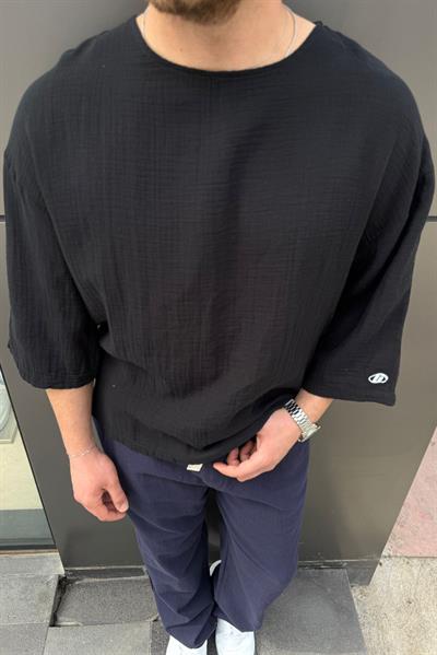 Fakir Kol Müslin Oversize Tshirt Siyah