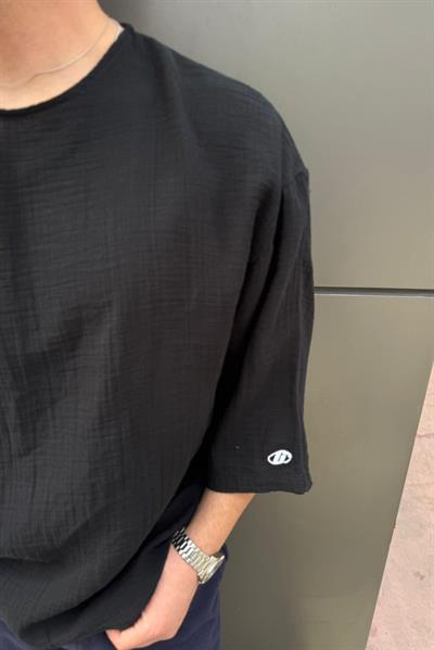 Fakir Kol Müslin Oversize Tshirt Siyah