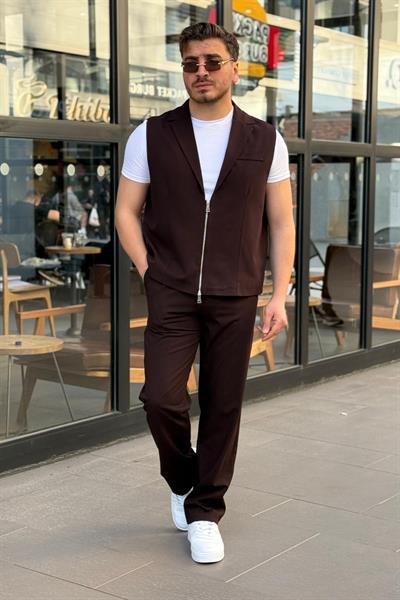 Fermuar Yelekli Klasik Takım Bordo