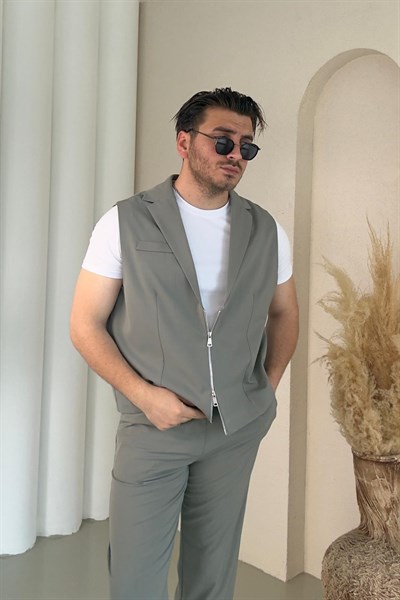 Fermuar Yelekli Klasik Takım Su Yeşili