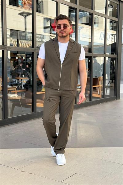 Fermuar Yelekli Klasik Takım Yeşil