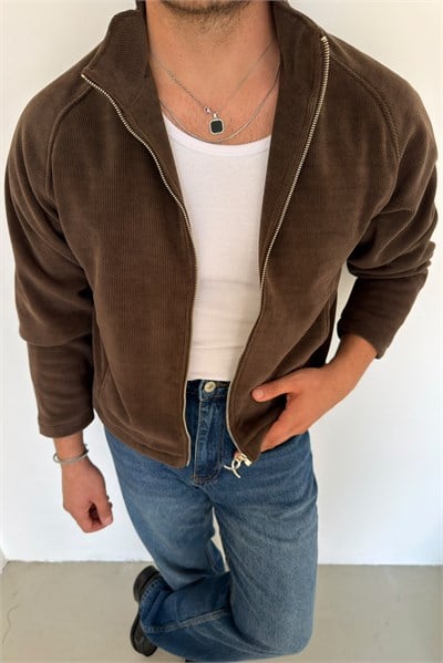 Fermuarlı Hafif Oversize Hırka Kahve