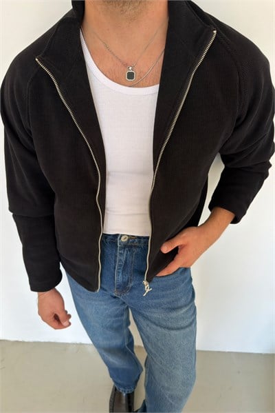 Fermuarlı Hafif Oversize Hırka Siyah