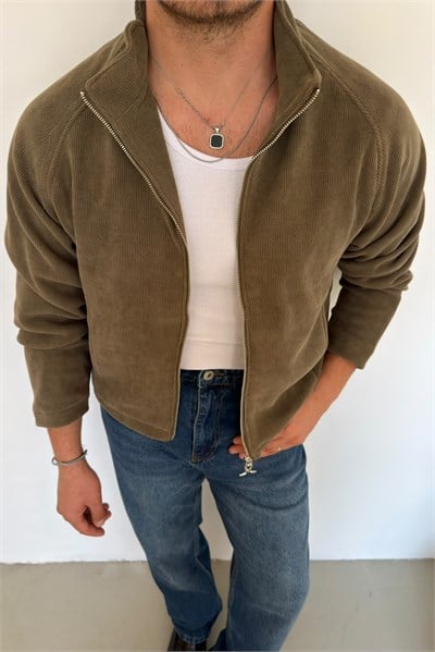 Fermuarlı Hafif Oversize Hırka Yeşil