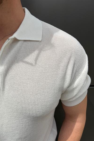 Fermuarlı Polo Yaka Örgülü Tshirt Beyaz