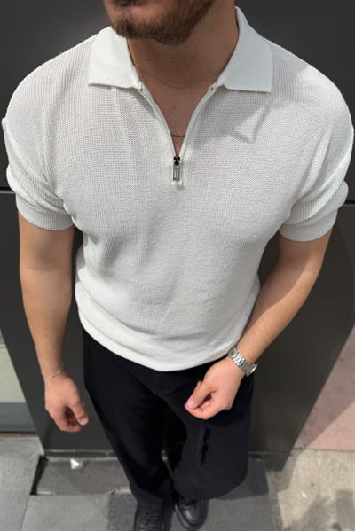 Fermuarlı Polo Yaka Örgülü Tshirt Beyaz