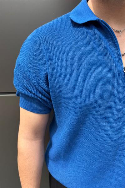 Fermuarlı Polo Yaka Örgülü Tshirt Mavi