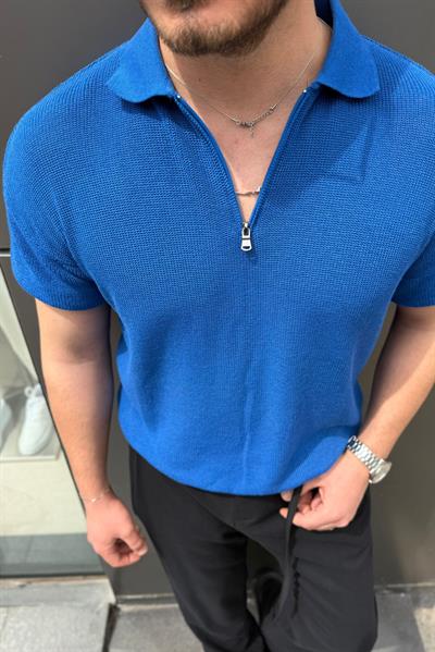 Fermuarlı Polo Yaka Örgülü Tshirt Mavi