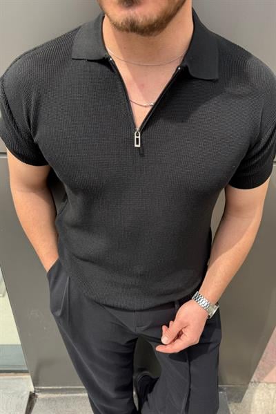 Fermuarlı Polo Yaka Örgülü Tshirt Siyah