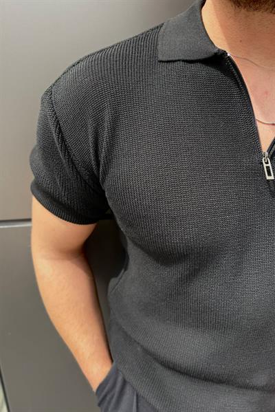 Fermuarlı Polo Yaka Örgülü Tshirt Siyah