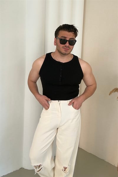 Fitilli Yaka Düğmeli Atlet Siyah