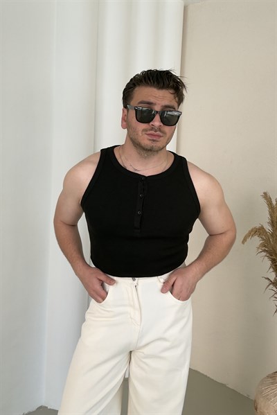 Fitilli Yaka Düğmeli Atlet Siyah