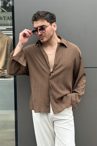 Gizli Patlı Oversize Gömlek Kahve