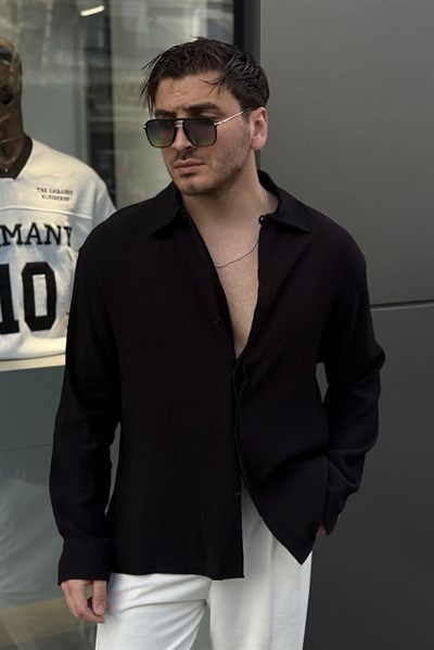 Gizli Patlı Oversize Gömlek Siyah