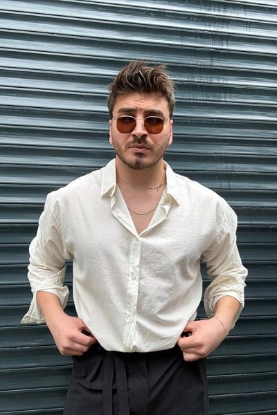 İnce Keten Oversize Gömlek Açık Krem