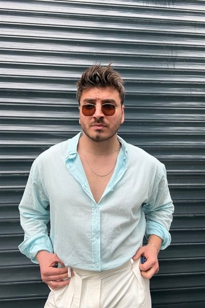 İnce Keten Oversize Gömlek Bebe Mavisi