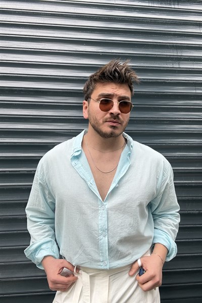İnce Keten Oversize Gömlek Bebe Mavisi