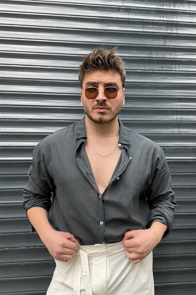 İnce Keten Oversize Gömlek Füme